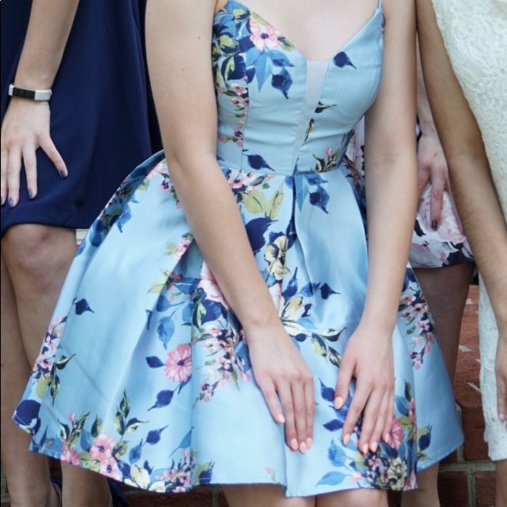 Teeze Me Blue Floral V Neck Fit n Flare Dress - Juniors Size 3/4